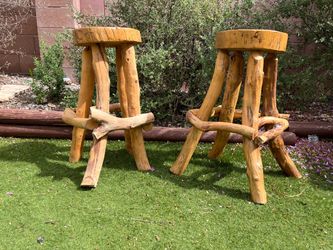 Rustic Log Wood Bar Stools – Set of 2