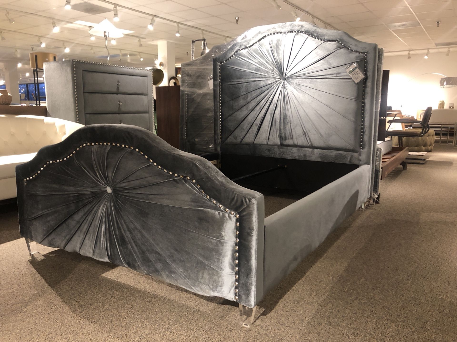 Full size grey velvet platform bed