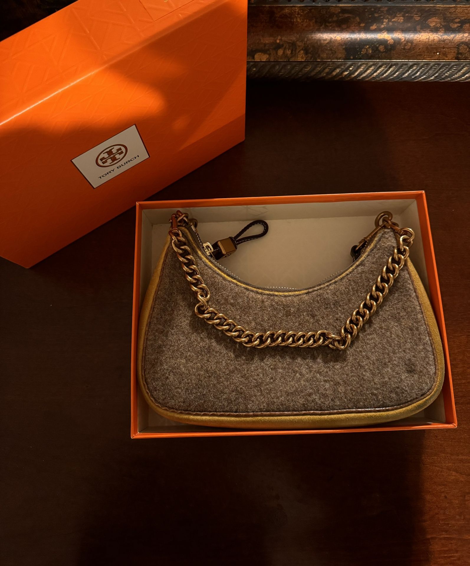 Tory Burch Mini Wool & Leather Chain Shoulder Bag