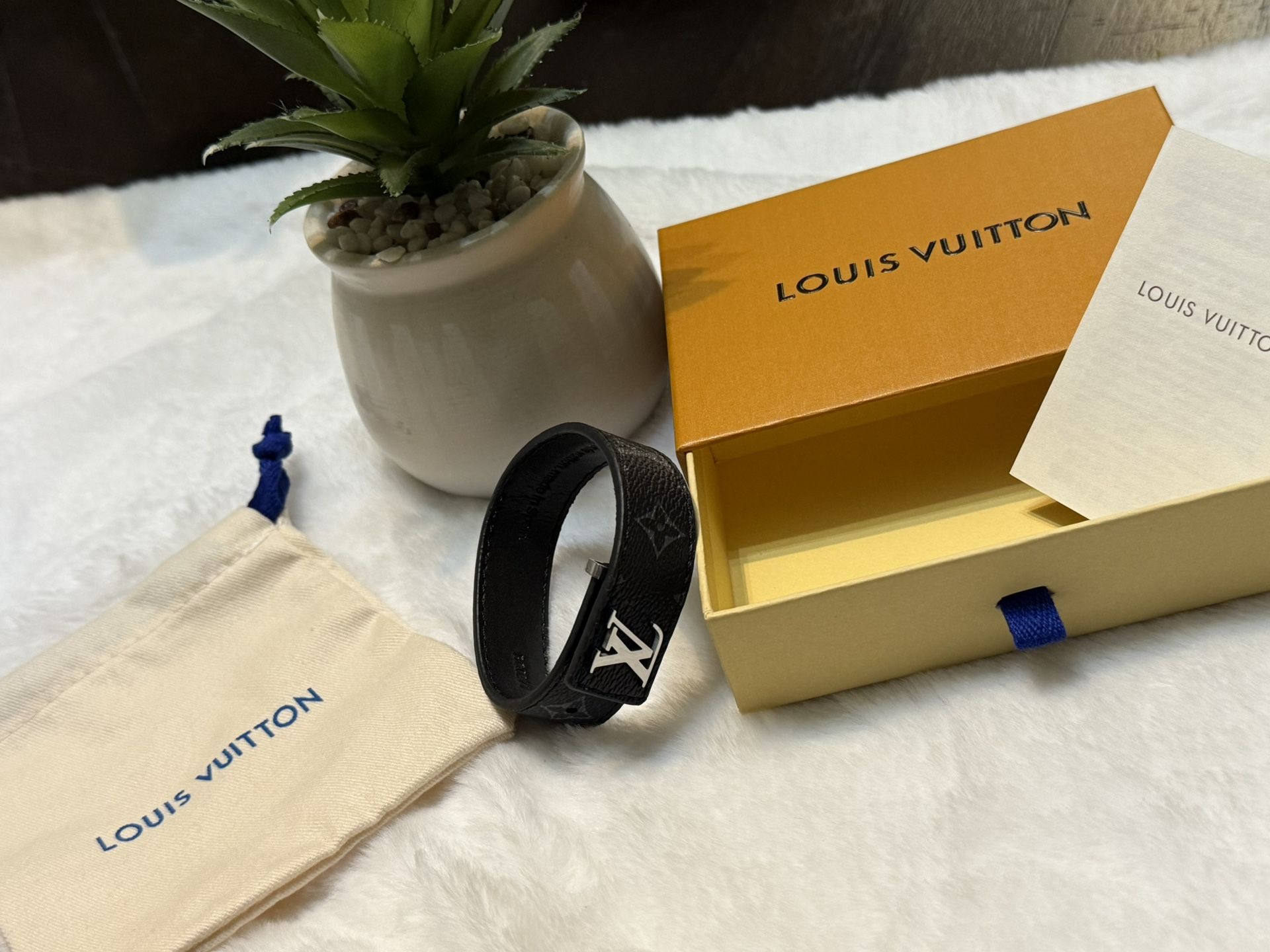 Authentic Louis Vuitton Slim Monogram Bracelet - Black Leather