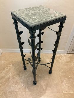 Wrought Iron and Marble Pedestal Plant Stand