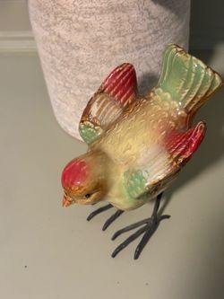 Vintage Glazed Ceramic Bird Figurine With Thin Metal Wire Legs