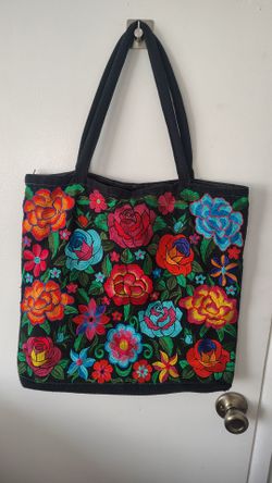 Black Floral Embroidered Canvas Tote Bag