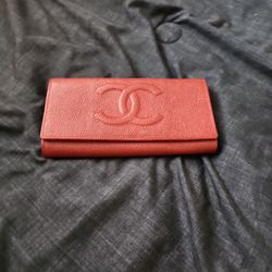 Authentic Chanel Red Caviar Leather Wallet Made In France 