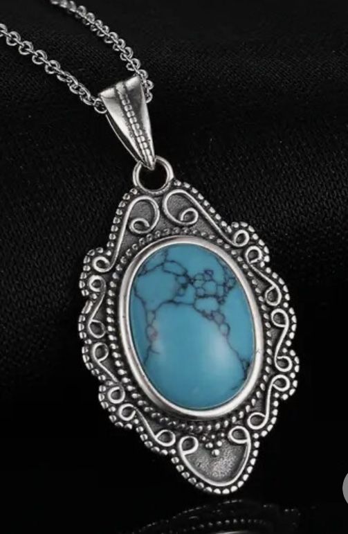 925 Sterling, Silver Retro, Inspired, Natural Turquoise Pendant Necklace