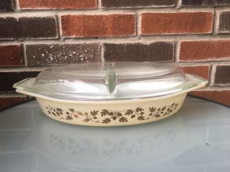 Vintage Pyrex Golden Acorn Design Divided Dish