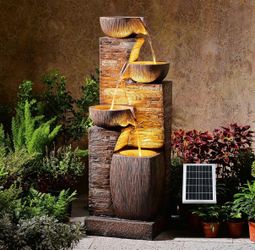 38.2" Solar Fountain Outdoor Garden 4 Tiers Stone Texture Modern Fountain