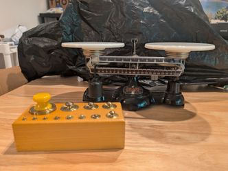Antique Ohaus Double Beam Balance Scale with Metric Weights. Excellent condition.