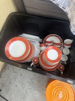 Vintage Red and White Dish Set