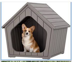 Small Dog House Outdoor Indoor, Durable Plastic Waterproof Doghouse with Air Vents and Elevated Floor, Easy Clean and Assemble (Grey, 23.43" L×22.44" 