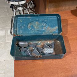 Small Vintage Metal Fishing Box With Lead Weights 