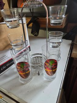 Vintage Pottery Barn Retro Cocktail 6 Glasses, and stand.