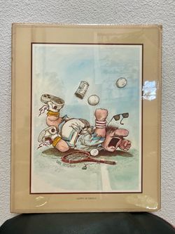 Pair of Vintage 1977 Gary Patterson Tennis Cartoon Framed Prints - "Agony of Defeat" & "The Lesson"