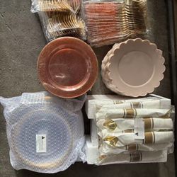 A variety of shiny and carnival pink plastic plates for parties, durable disposable plates for birthdays and baby showers