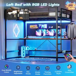 Loft Bed Frame Full Size Heavy Duty Metal Loft Bed with Desk&Charging Station&Led Lights&Clothes Rail, Safety Guard & Ladder, No Noise, Black