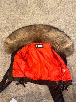 Leather biker jacket with fox fur collar