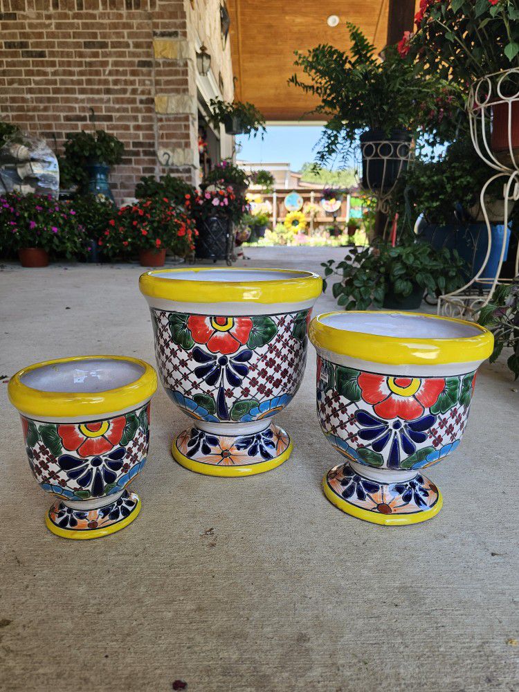 Yellow Rim Talavera Urns Set Clay Pots, Planters,Plants, Pottery