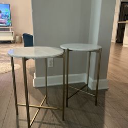 2 Modern Marble-Look Gold Side Tables – Like New