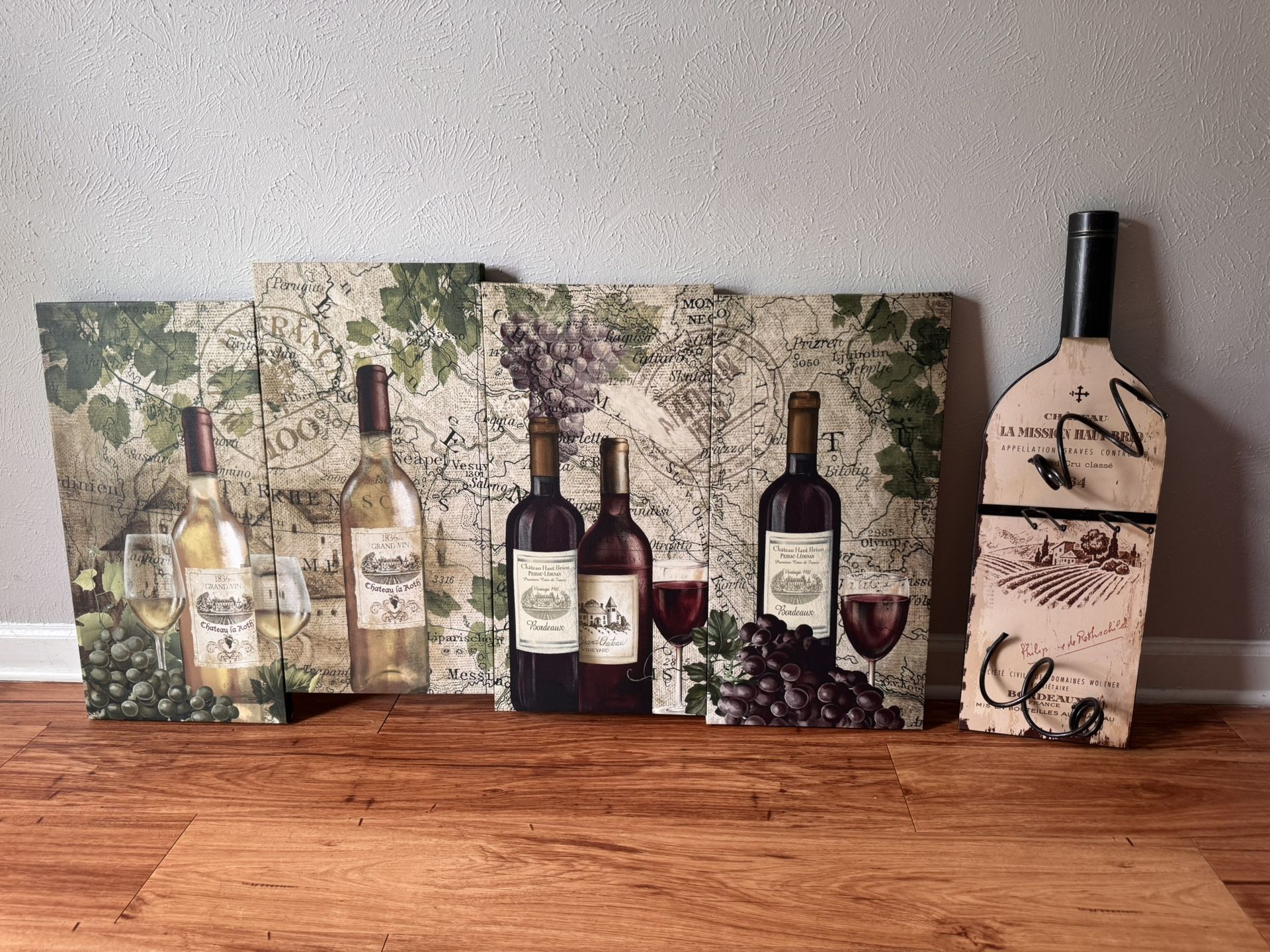 Wine Art Canvas Set + Wall Bottle Rack – Rustic Vineyard Decor