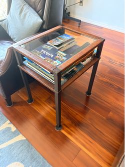 Side table with shelf, wrapped rattan and metal