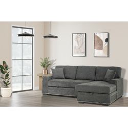 DATK GRAY CHENILLE CHAISE STORAGE SECTIONAL PULLOUT BED RIGHT OR LEFT FACING $499 DELIVER AVAILABLE 