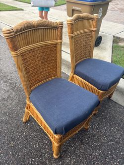 4 chairs 2  with blue cushions coastal wicker