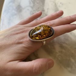 Beautiful Sterling Silver + Baltic Amber Vintage Modernist Ring