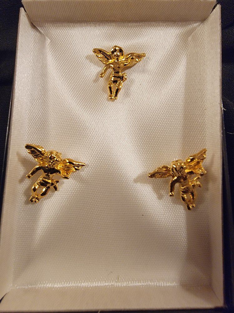 Guardian Angel Pin Brooch Tie Tack & Earring Set 14kt Gold Plated Made in USA ...