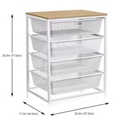 White Mesh With Wood Top 4-Drawer Cart 