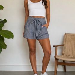 Banana Republic Blue Chambray Paperbag High Rise Belted Shorts Pockets 4
