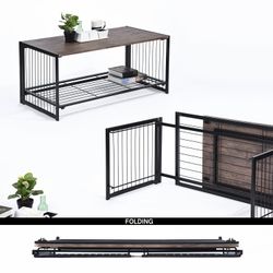 Homy Casa LINEZEN Folding Coffee Table 39.4" Brown Wood Top & Black Metal Frame No Assembly Modern Outdoor Open Box