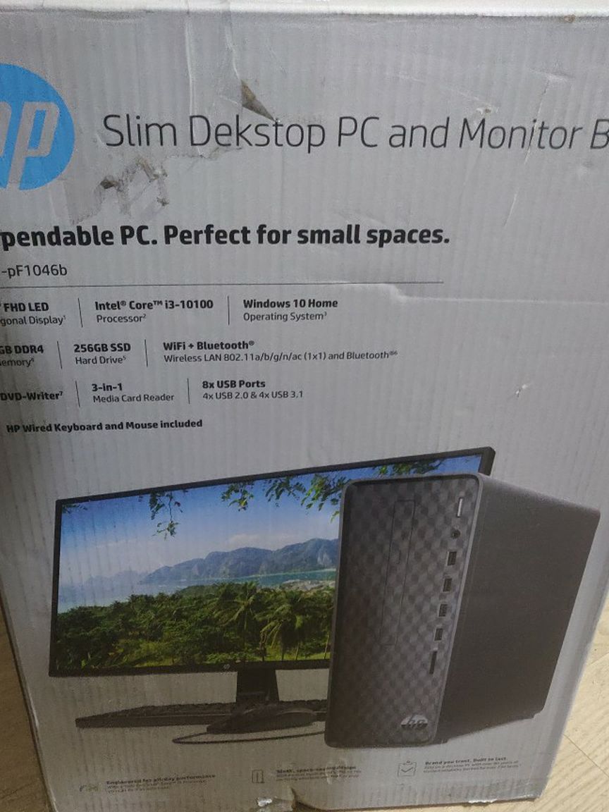 HP Slim Sealed Desktop PC Bundle, 23.8" Screen, Intel® Core™ i3, 8GB Memory, 256GB Solid State Drive, Windows® 10