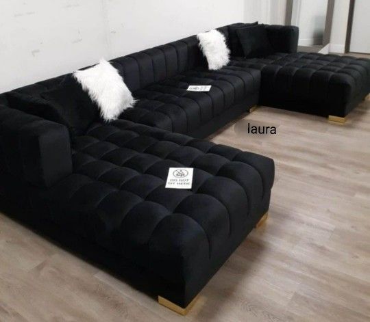 
🎉BLACK FRIDAY 🎉New Furnitures sofa loveseat living room set sleeper couch daybed ♧ariana Black Velvet Double Chaise Sectional 