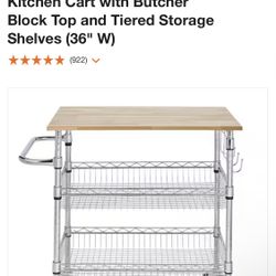 Rolling Kitchen Cart with Butcher Block Top and Tiered Storage Shelves (36" W)