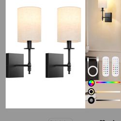 14.5 inch Battery Operated Wall Sconces Set of 2 with Remote, Rechargeable Wireless Wall Lights with Beige Fabric Shade, Indoor Not Hardwired Dimmable
