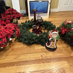 Holiday Lot - Wreath, Poinsettias, Santa, Candleholders