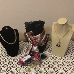 NWT & EUC Jewelry Lot & Floral Scarf.  (3 Necklaces, 1 Earrings, 1 Pin in Gold Toned & 1 Beautiful Floral Scarf 100% Silk)