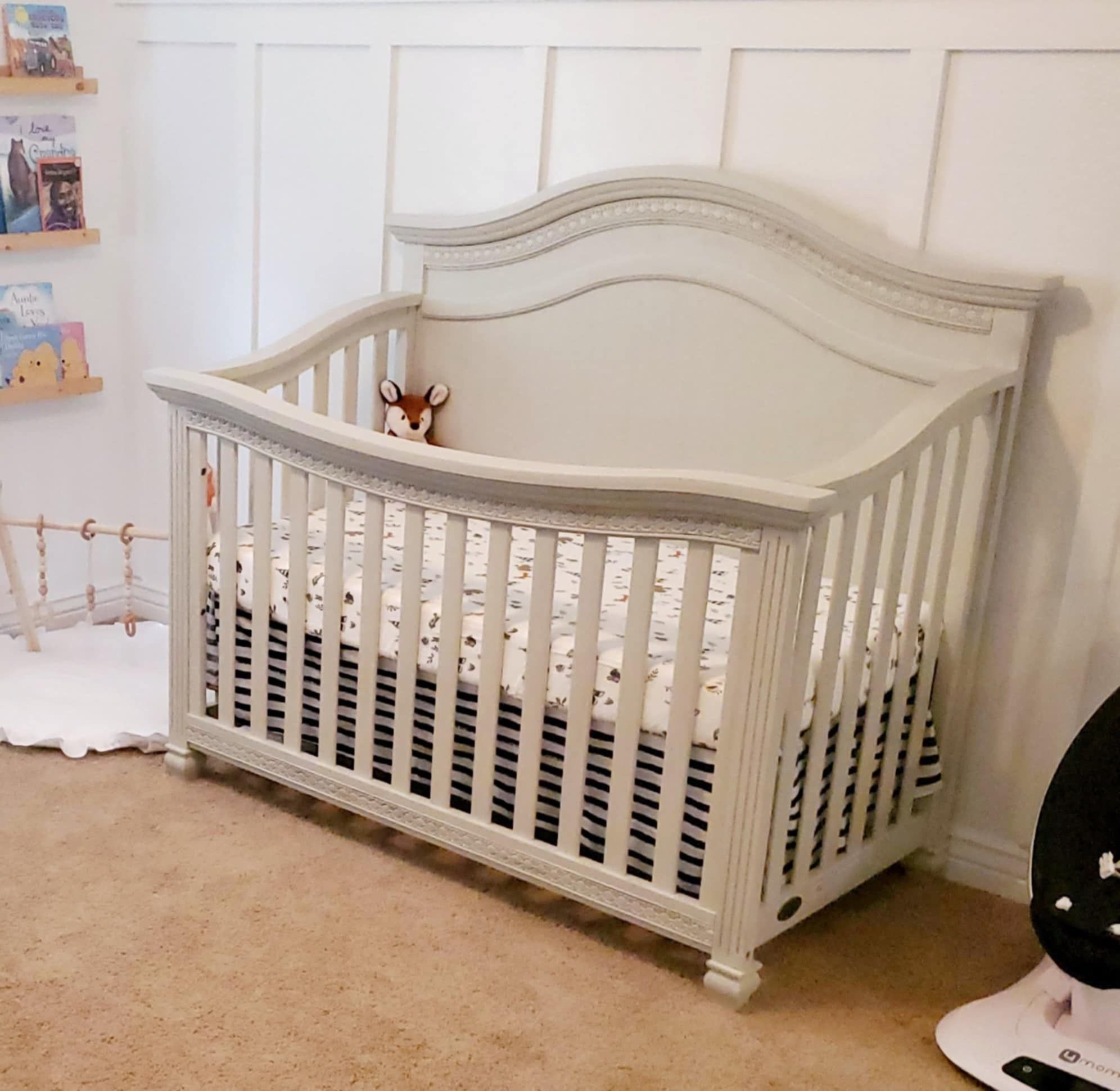 Evolur Madison Curved Top Convertible Baby Crib In Antique Grey Mist and Dresser with Changing Table