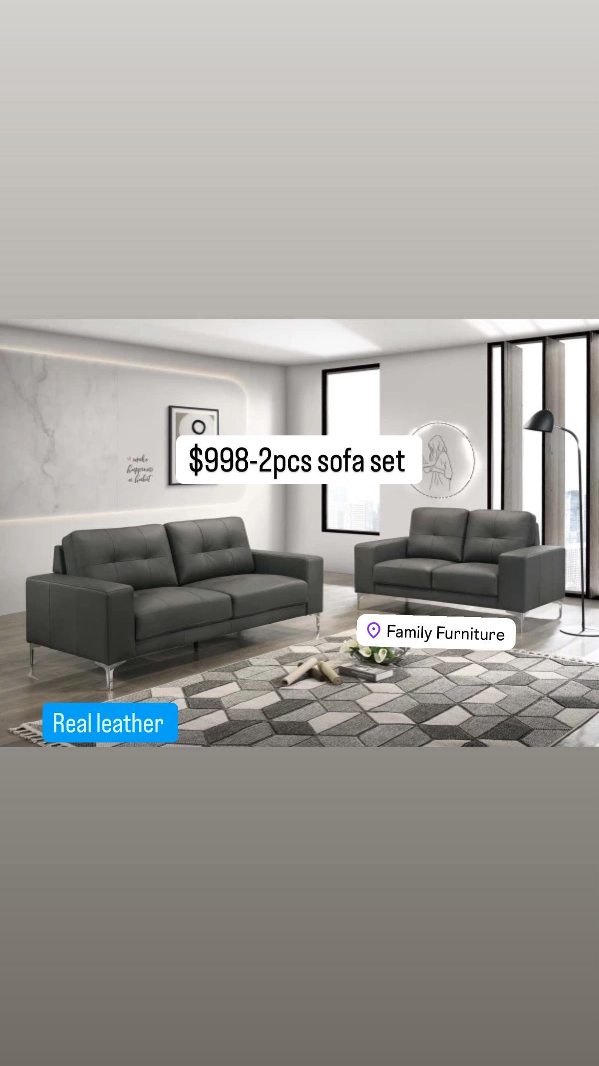 Real Leather Sofa Set / Juego De Sala Gris Piel Real Nueva