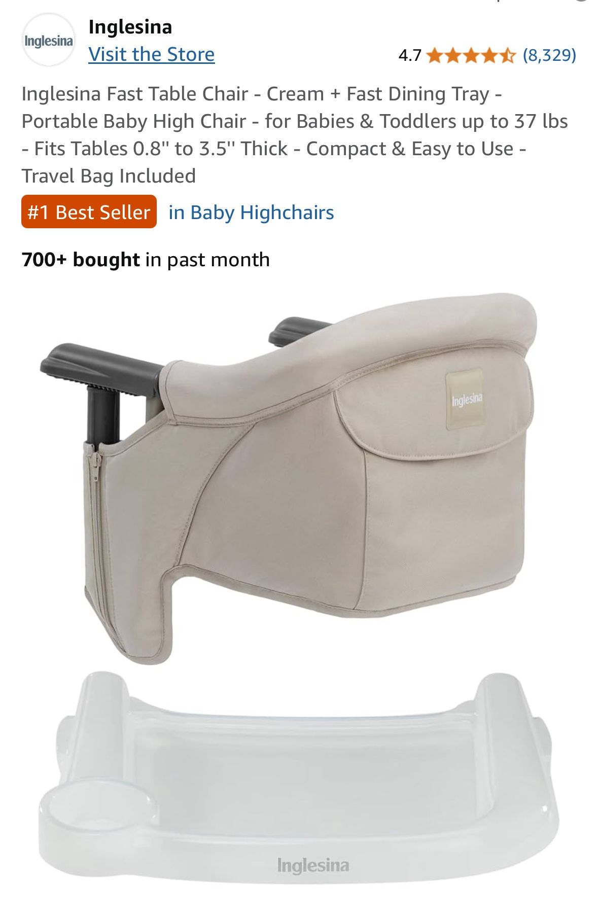 Baby High Chair - Inglesina Fast Table Chair w/ Tray - Cream