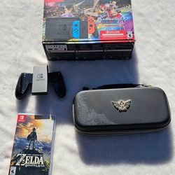 Nintendo Switch Bundle - Mario Kart 8 & Zelda BOTW + Case - Complete in Box