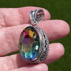 Rainbow Fire Mystic Topaz Sterling Silver 1.7” Pendant