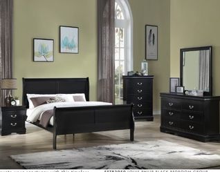 4pc QUEEN bedroom set black includes queen bed, dresser, mirror and nightstand.