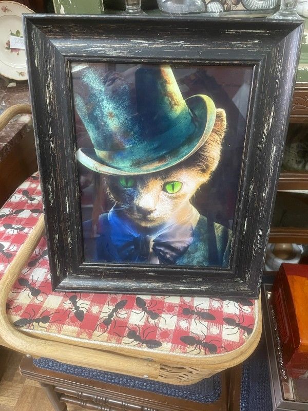Cat Picture Framed Kitty In Top Hat Artwork 8 By 10"