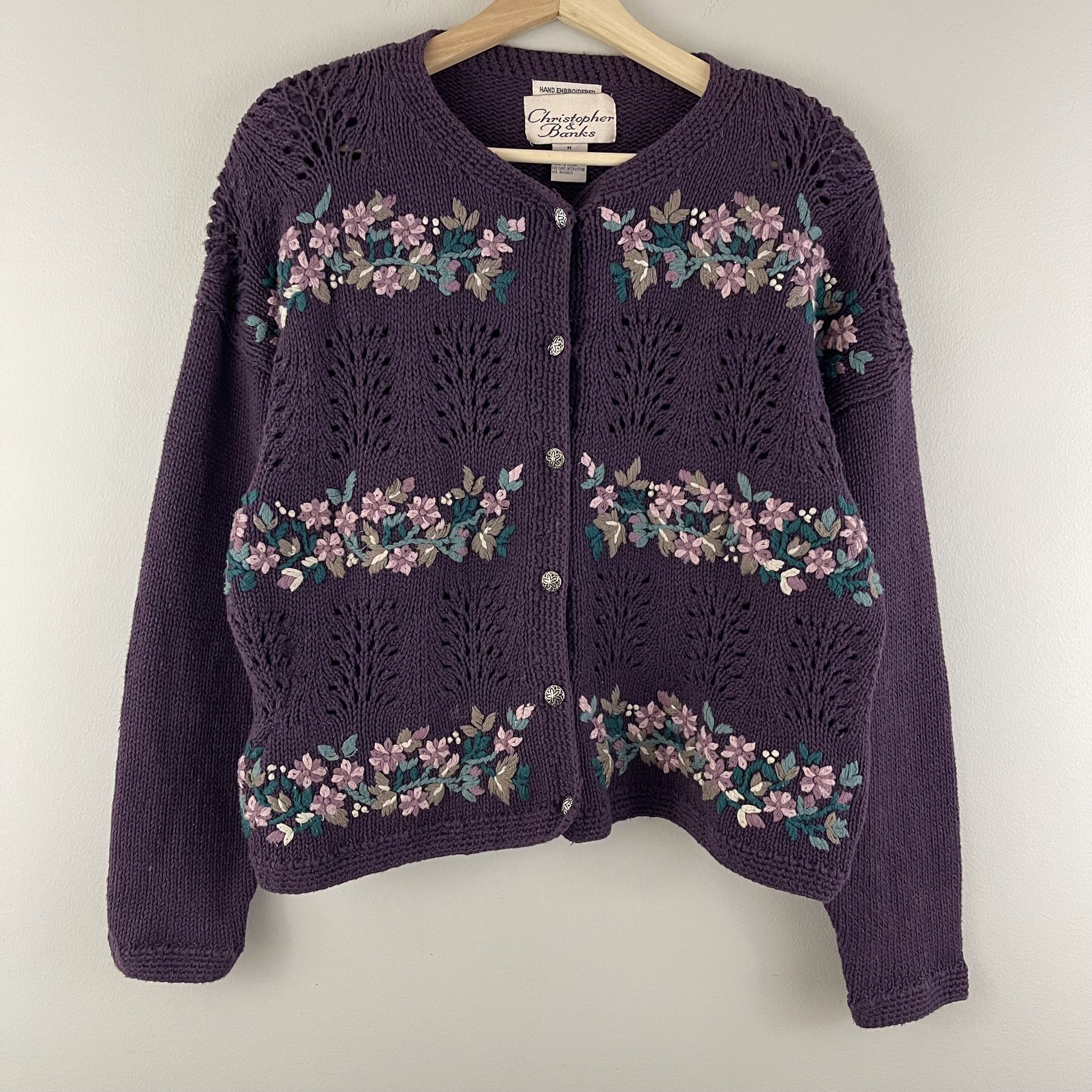 CHRISTOPHER & BANKS Vintage 90’s Purple Hand Embroidered Floral Knit Sweater