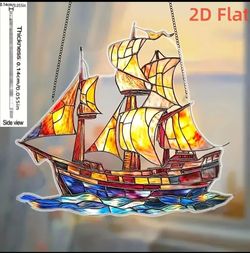 Tall Ship Acrylic Stained-Glass Style Suncatcher – Golden Sails on Jewel-Blue Waves