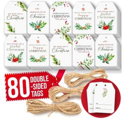 Christmas Gift Tags With String - 80 Pcs Bulk Christmas Tags For Gifts With String, Happy Holidays Gift Tags Set, Unique Xmas Gift Tags, Hanging Chris