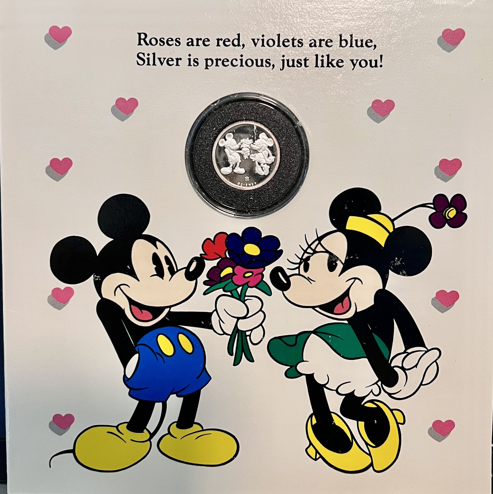 Vintage 1980s Disney Just Because Love Card Original Envelope • Rarities Mint Limited First Edition • 1/10 oz Fine Silver Mickey Mouse Round