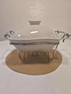 White Square Ceramic Chafing Dish with Glossy Finish, Metal Stand, Handles, Tray