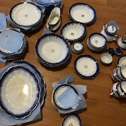 Antique La Francaise Blue And Gold Platted china Set